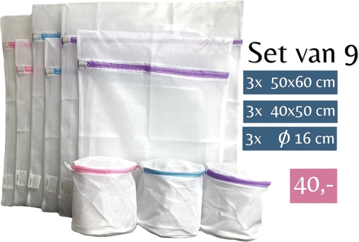 Waszak - Wasnetten met rits - Set van 9 - 60 x 50 cm - 50 x 40 cm - Ø 16 cm - Incl. verzenden - Ritssluiting - Wasnetjes - Washing Bag - Laundry - Waszakken - Wasnet lingerie bh - Transparant - Wit - 100% polyester - Bescherm je wasgoed en wasmachine — afbeelding 1