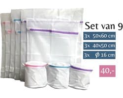 Waszak - Wasnetten met rits - Set van 9 - 60 x 50 cm - 50 x 40 cm - Ø 16 cm - Incl. verzenden - Ritssluiting - Wasnetjes - Washing Bag - Waszakken - Wasnet lingerie bh - Transparant - Wit - 100% polyester - Bescherm je wasgoed en wasmachine — afbeelding 1