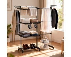 Soontrans Metalen Wasrek Met Wielen – Inklapbaar & Uitschuifbaar, 3 Verdiepingen Droogtoren 66x50x170cm, Multifunctioneel Voor Binnen/Buiten/Balkon, Stevig en Langleven, Inclusief 2 Sokkenclips en 1 Dubbellaagse Droogmand (Zwart) — afbeelding 1