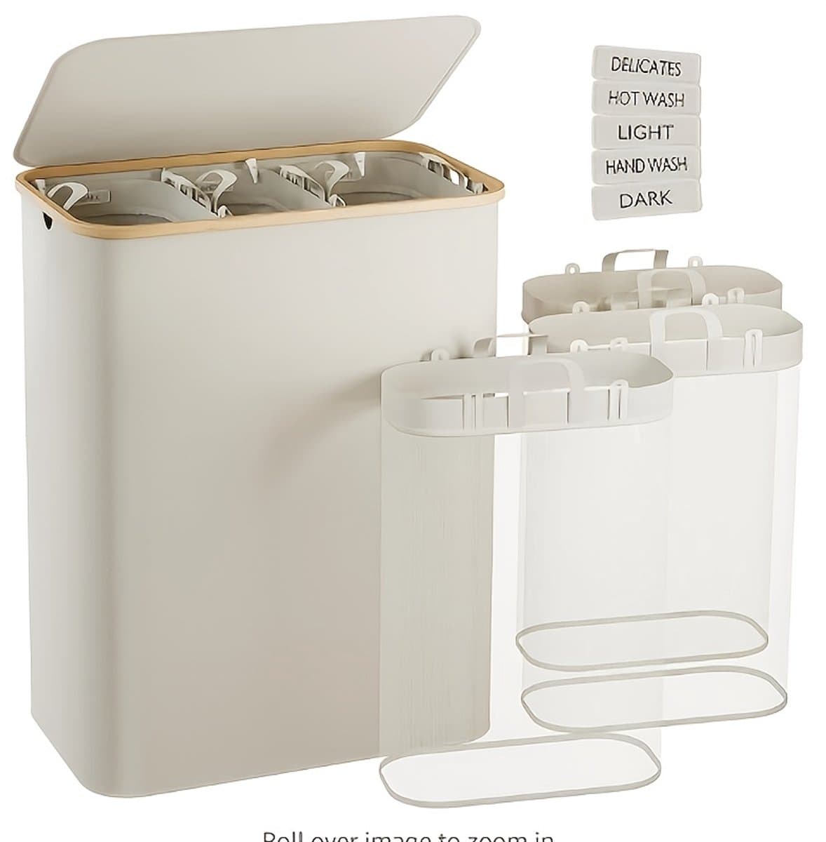 160L Opvouwbaar Wasmand,met 3 uitneembare zakken,Wassorteerder - wasmand - Melk wit — afbeelding 1