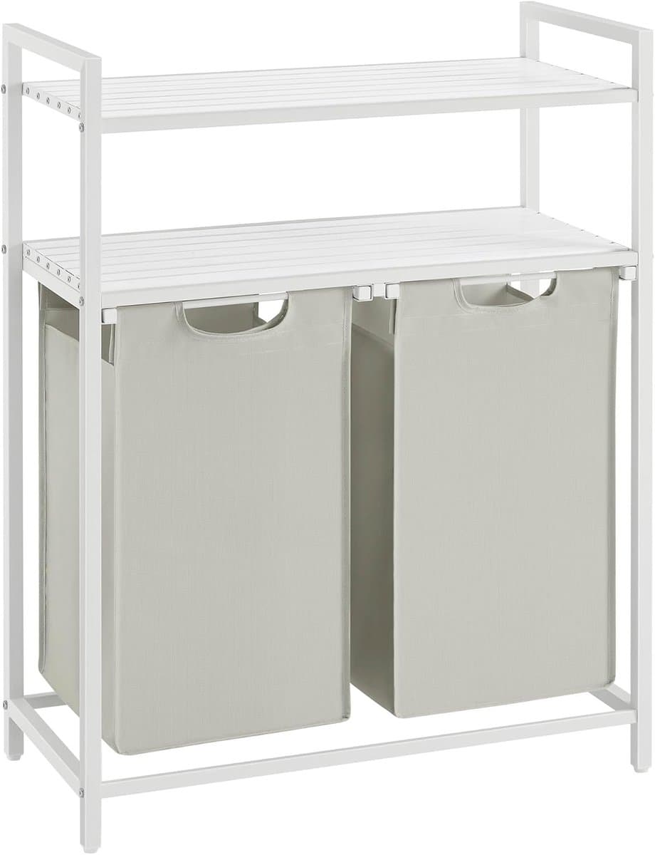 Wasmand - 2 Vakken & Opbergrek – Dubbele Was Sorter met Uitneembare Waszakken – 90L - Wit - 73x33x92cm — afbeelding 1