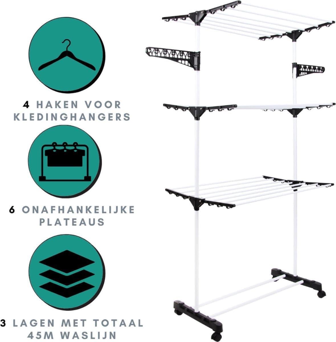 White-Label® Wasrek Inklapbaar op Wieltjes - Droogmolen - Droogtoren Staand — afbeelding 1