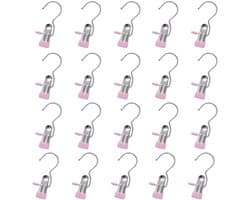 20 Stuks - Wasknijpers - Sokclips - Kledinghangers met Clips - Winddichte clips - Multifunctionele clips - 11,3*4 cm - Roze - RVS - Kledinghaken - Hoedclips - Broekklemmen met Antislip - Voor Rokken, Broeken en Sjaals