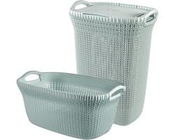 Curver Knit Wasmand met deksel 57L + Wasmand 40L - Blauw/Grijs