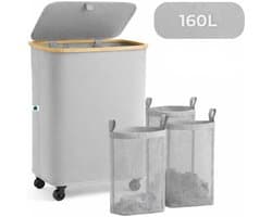 AKSA Home® Wasmand met Wieltjes - Wassorteerder met 3 vakken - Wasmand Opvouwbaar met Deksel - 160L - Grijs