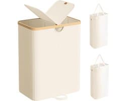 SONGMICS Wasmand met 2 compartimenten, 150 liter, vuile wassorteermachine met deksel, afneembare zakken, voor wasruimte, slaapkamer, woonkamer, crèmewit en natuurlijk beige LCB523W01