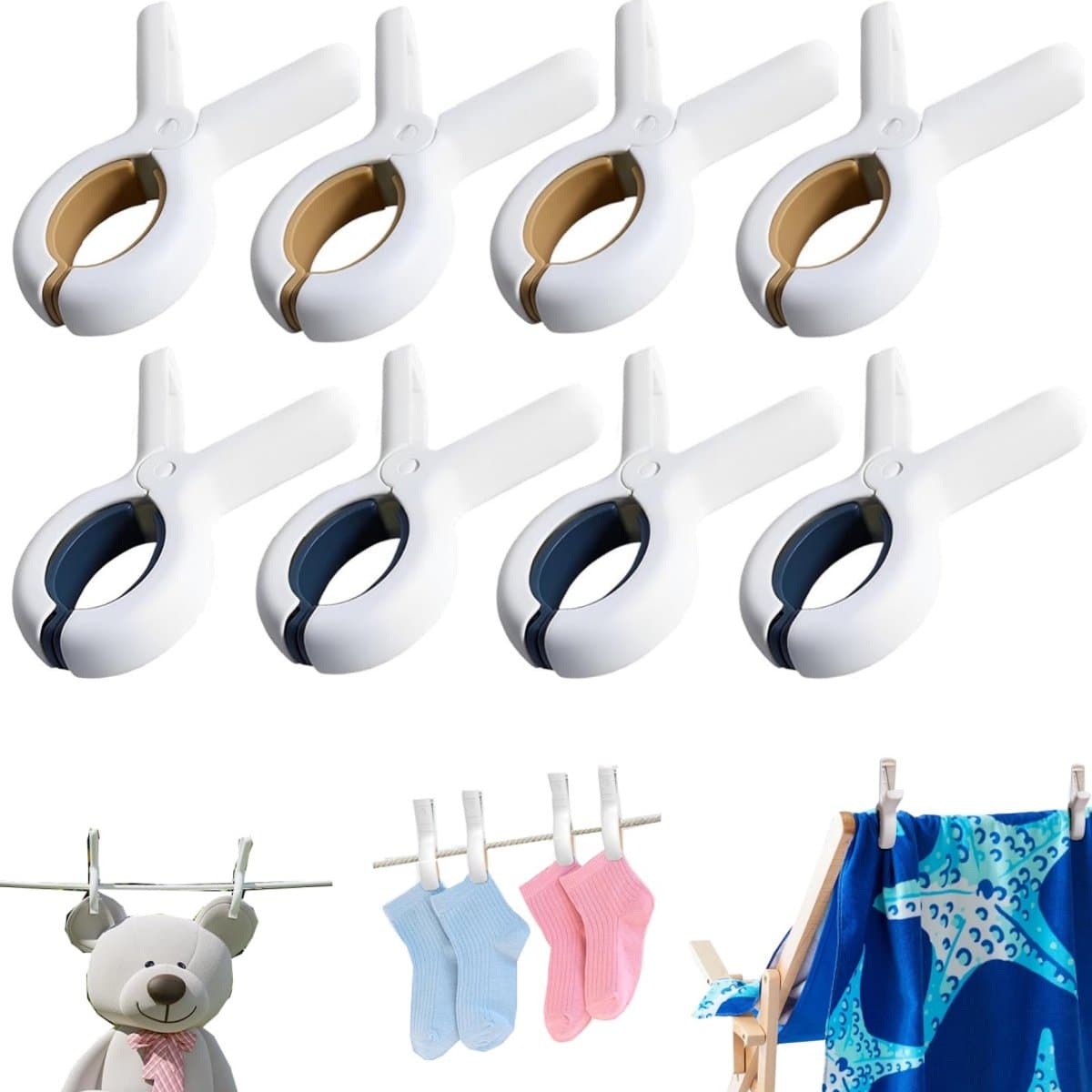 8 stuks handdoekklemmen - kledingklemmen - winddichte clips voor lakens - droogklemmen voor dekbedden - handdoekklemmen voor ligstoelen - gebruikt om kleding, handdoeken, dekens, poppen en sokken vast te klemmen (9,5*6,5 cm - blauw, bruin) — afbeelding 1