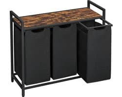 Wasmand 3 vakken – wassorteerder - uitschuifbaar met plank - 92.5 x 33 x 71 cm – wasmand - 114 L verdeeld over 3 zakken – wasmanden – wasmand zwart metaal - bruin hout