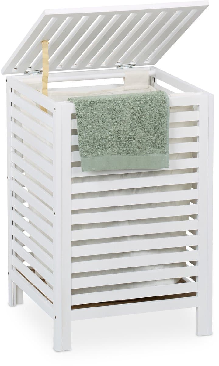 wasmand met deksel - 63 l - hout - 65,5 x 45 x 45 cm - waszak - wit — afbeelding 1