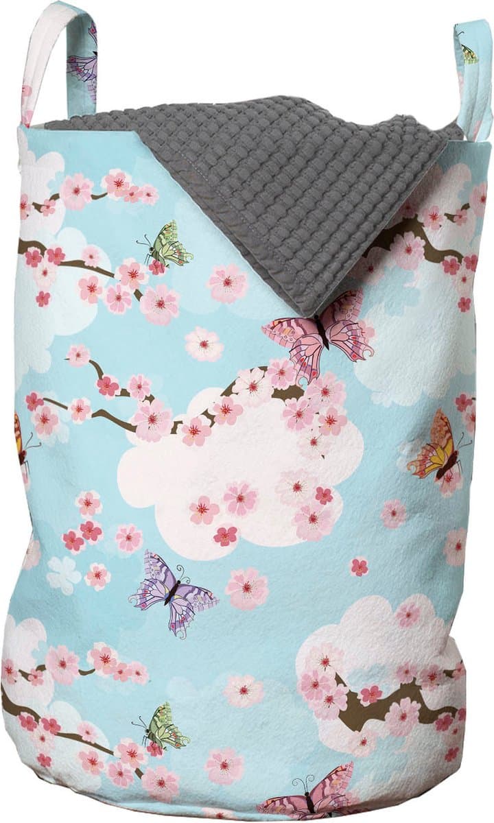 New Bed, Opbergmand met Kersenbloesem en Vlinder design, Sakura Wasmand kinderen met Handvatten en Koordsluiting, Speelgoedmand kinderen - Speelgoedkist - Wasbox - 33 x 48 cm — afbeelding 1