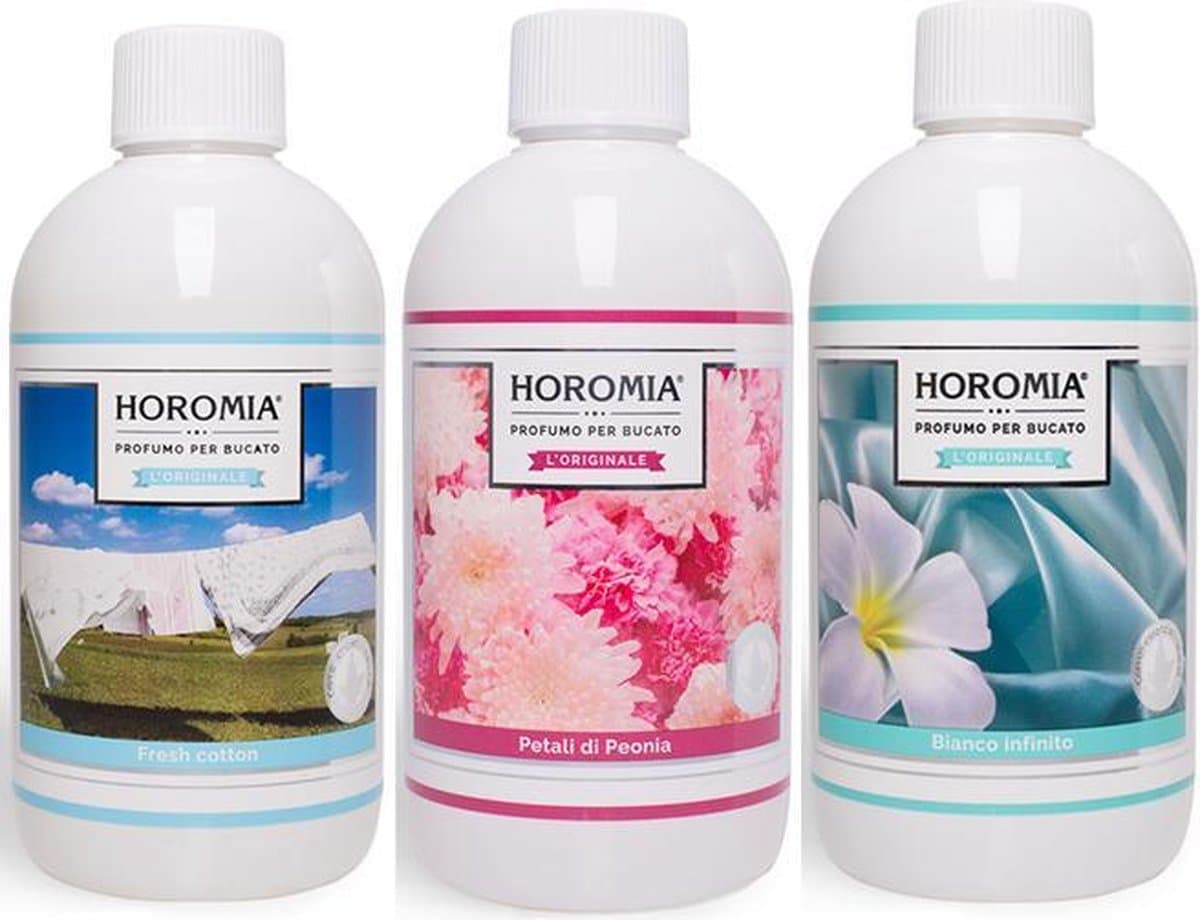 Wasparfum Horomia | set 3 x 500 ml Fresh cotton, Petali di peonia, Bianco infinito — afbeelding 1
