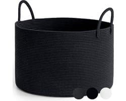 Wasmand, gevlochten opbergmand, grote katoenen mand, handdoekmand voor badkamer, mand voor dekens woonkamer, kussens, babyspeelgoed, opbergmand, 55 x 35 cm, rond, zwart