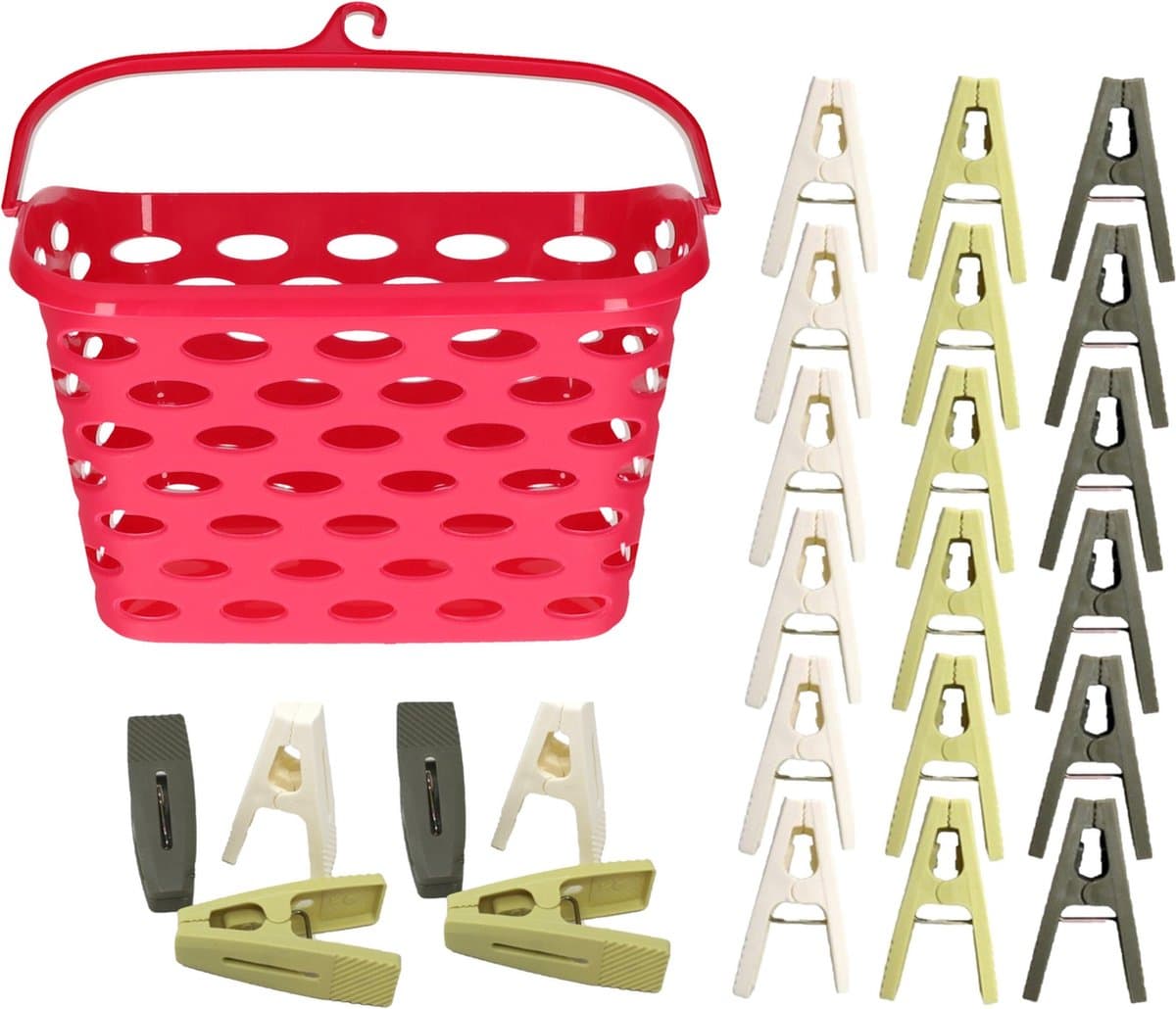 Wasknijpers ophangmandje met haak - fuchsia - en 80x gekleurde wasknijpers van 6 cm - was ophangen — afbeelding 1