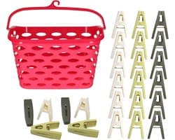 Wasknijpers ophangmandje met haak - fuchsia - en 80x gekleurde wasknijpers van 6 cm - was ophangen