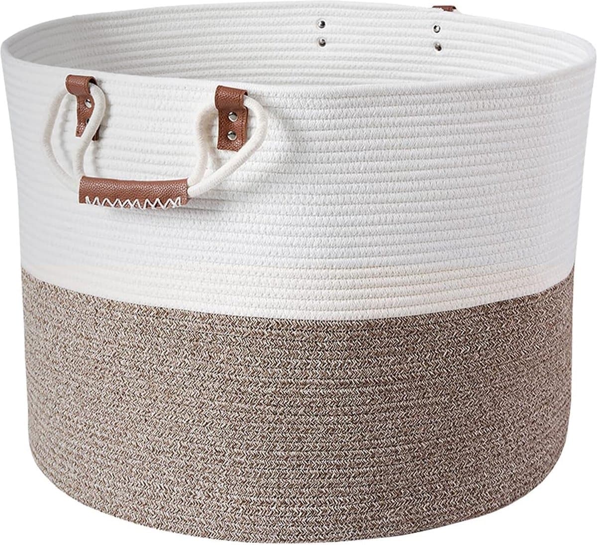 Grote wasmand, opbergmand, gevlochten van katoenen touw, wasverzamelaar, met handvat, wit met bruin, 56 x 40,6 cm (b x h), voor dekens, kussens, speelgoed, woonkamer, kinderkamer, badkamer, XL — afbeelding 1