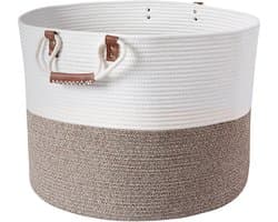Grote wasmand, opbergmand, gevlochten van katoenen touw, wasverzamelaar, met handvat, wit met bruin, 56 x 40,6 cm (b x h), voor dekens, kussens, speelgoed, woonkamer, kinderkamer, badkamer, XL