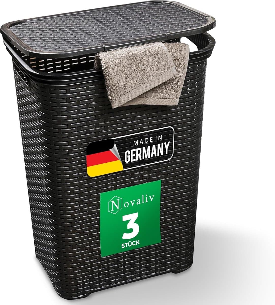 Novaliv 3-delige rotan wasmand met deksel 60L zwart, wasboxset wasemmer wascontainer modern voor badkamer was vuile was, wasmanden vuile wascontainer verzamelmand — afbeelding 1
