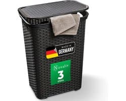 Novaliv 3-delige rotan wasmand met deksel 60L zwart, wasboxset wasemmer wascontainer modern voor badkamer was vuile was, wasmanden vuile wascontainer verzamelmand