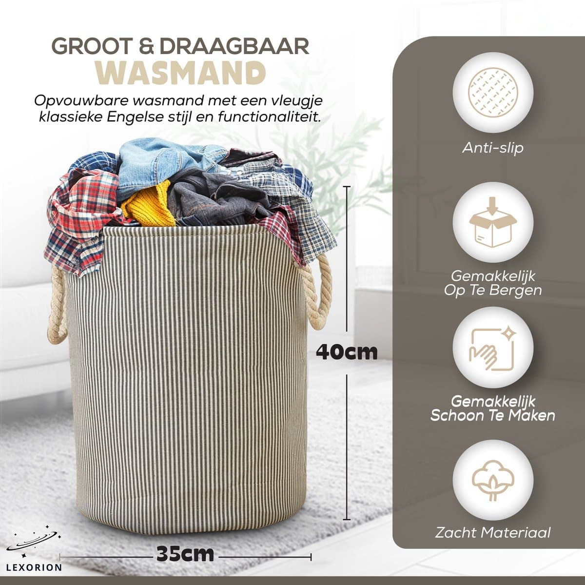Terra - Wasmand - Wasmand Inklapbaar - Opvouwbare Wasmanden - 35 cm x 40 cm – Stijlvolle en Ruimtebesparende Wasmand voor Optimale Wasorganisatie - Engelse Stijl Wasmanden — afbeelding 1