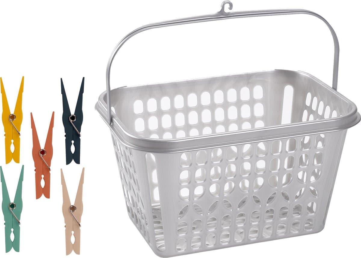 Wasknijper mandje/bakje - zilver - inclusief 100x wasknijpers - kunststof — afbeelding 1