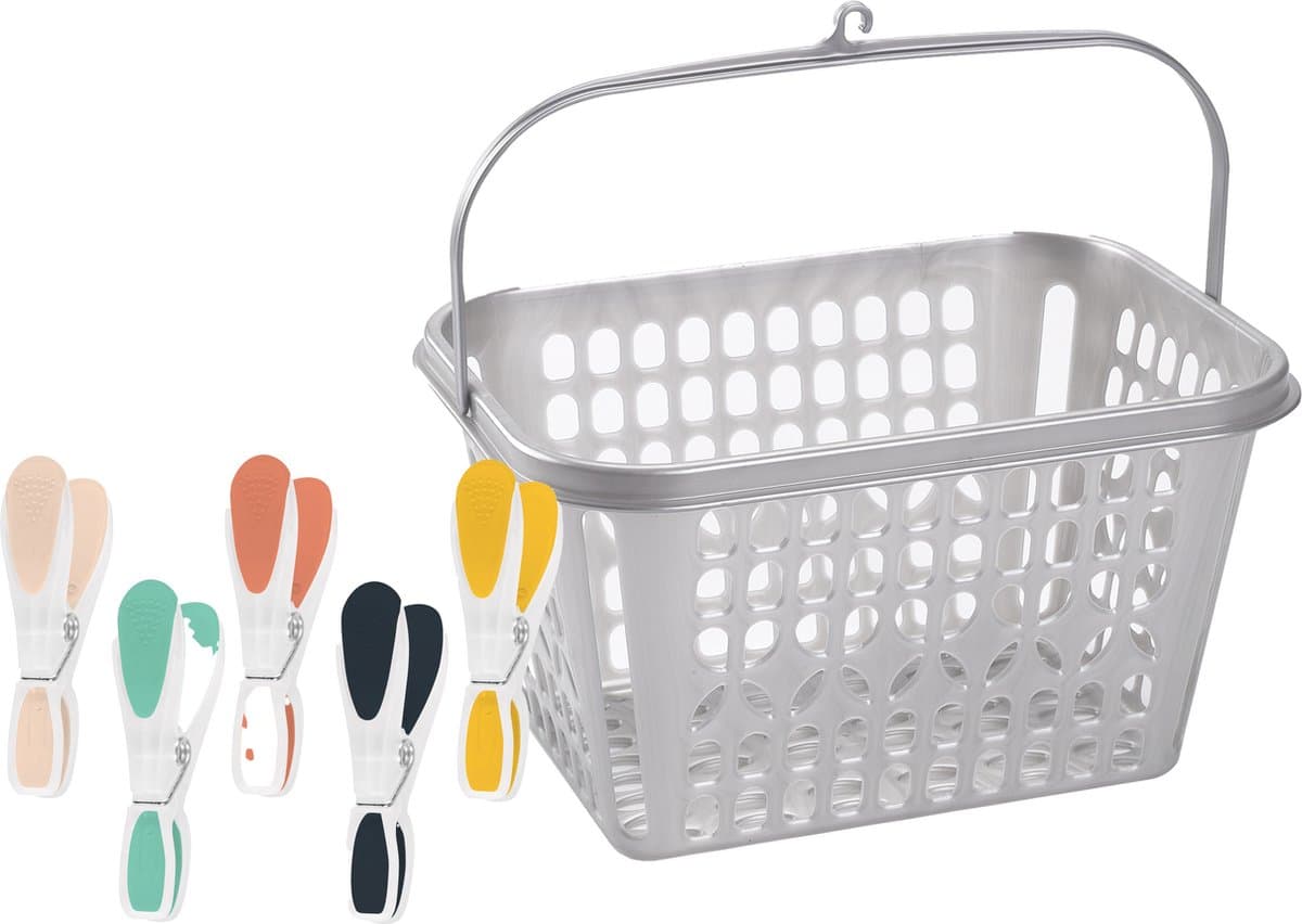 Wasknijper mandje/bakje - zilver - inclusief 36x wasknijpers - kunststof — afbeelding 1