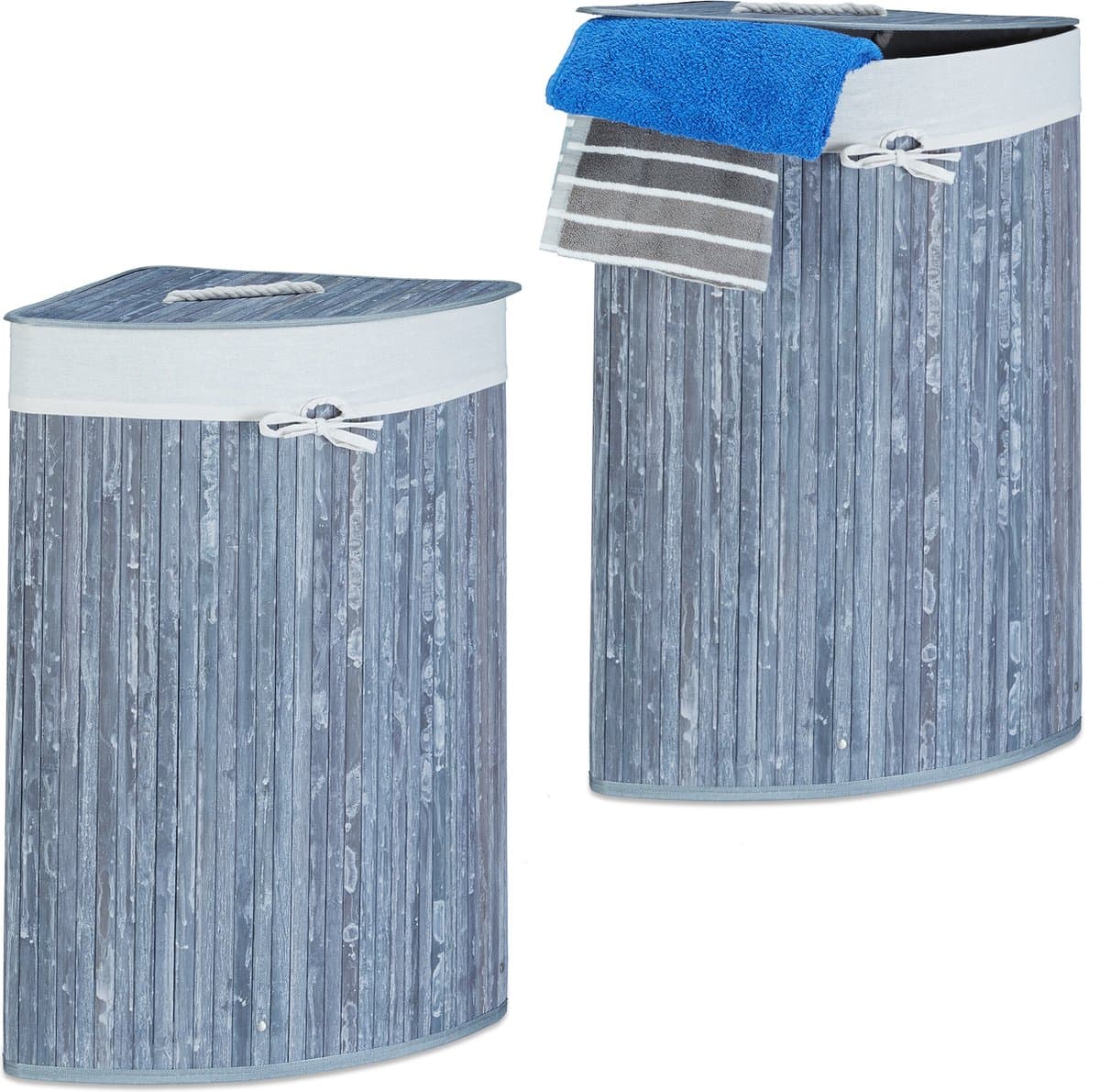 2x wasmand hoekmodel bamboe - 60 liter - deksel - wasbox - driehoekig - grijs — afbeelding 1