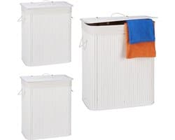 3x wasmand 2 vakken - witte bamboe wasbox - 95 liter - opvouwbaar - met deksel