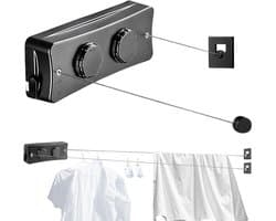 HEZIVO® Waslijn Uittrekbaar - Roldrooglijn - Waslijndraad Oprolbaar - Droogrek Hangend - 2 x 5,1m - Zwart