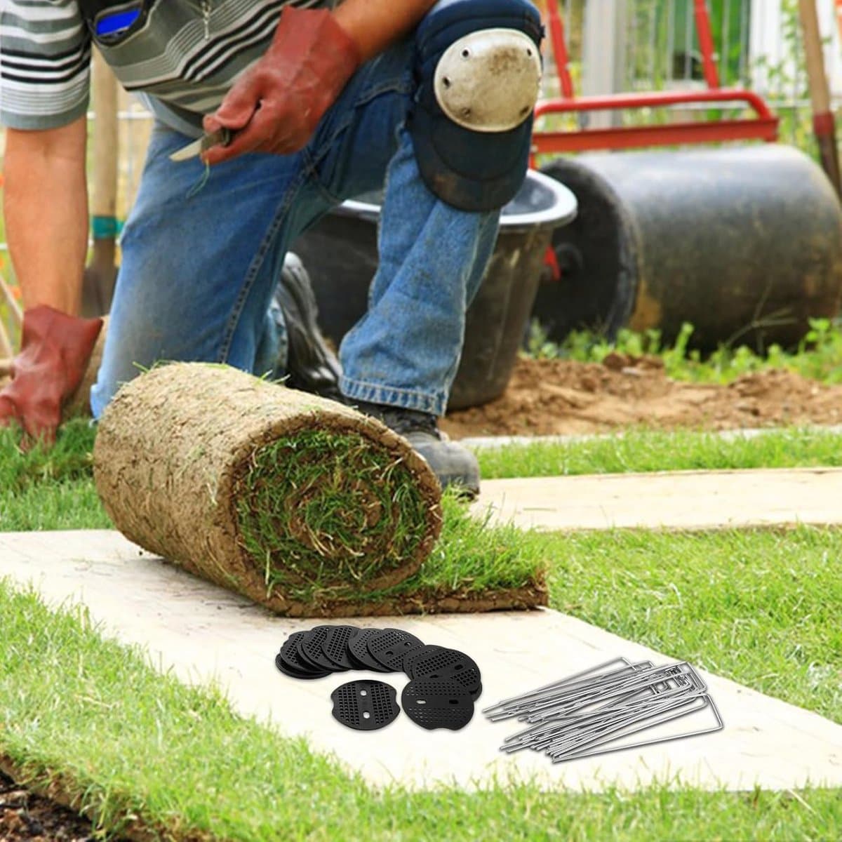 Grondankers Set U-Vormig - Extra Sterke Bevestiging - 100 Haringen + 100 Schijven Verzinkt Anti-Roest - Inclusief Hamer & Handschoen - Voor Worteldoek Tuin - Tuinankers Grondpennen Bevestigingsset — afbeelding 1