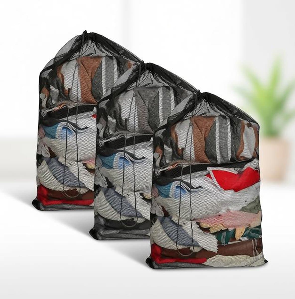 Maison Elara 3 stuks XXL fijnmazige waszakken met trekkoord - 60x90 cm - Zwart — afbeelding 1