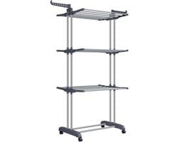 ELYSIVM Wasrek - Droogrek - Droogrek op wielen - Wasrek Toren - Droogtoren 4 Niveaus - Opvouwbare Vleugels met 360° Haken - Verplaatsbaar en Vast Te Zetten - Tot 35 kg - 64 x 126 x 172 cm - Grijs
