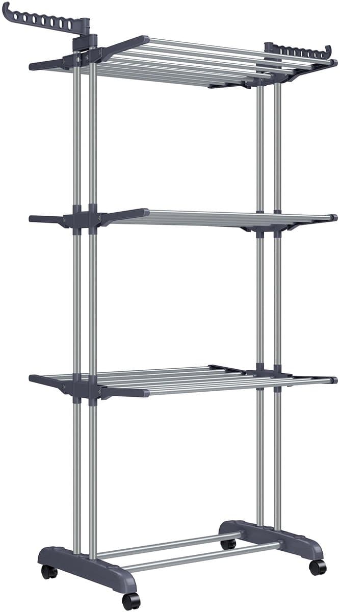 ELYSIVM Wasrek - Droogrek - Droogrek op wielen - Wasrek Toren - Droogtoren 4 Niveaus - Opvouwbare Vleugels met 360° Haken - Verplaatsbaar en Vast Te Zetten - Tot 35 kg - 64 x 126 x 172 cm - Grijs — afbeelding 1