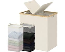 Dubbele Wasmand met Deksel en 2 Afneembare Vakken, 140 L, Ideaal voor Badkamer, Slaapkamer en Wasruimte, Beige