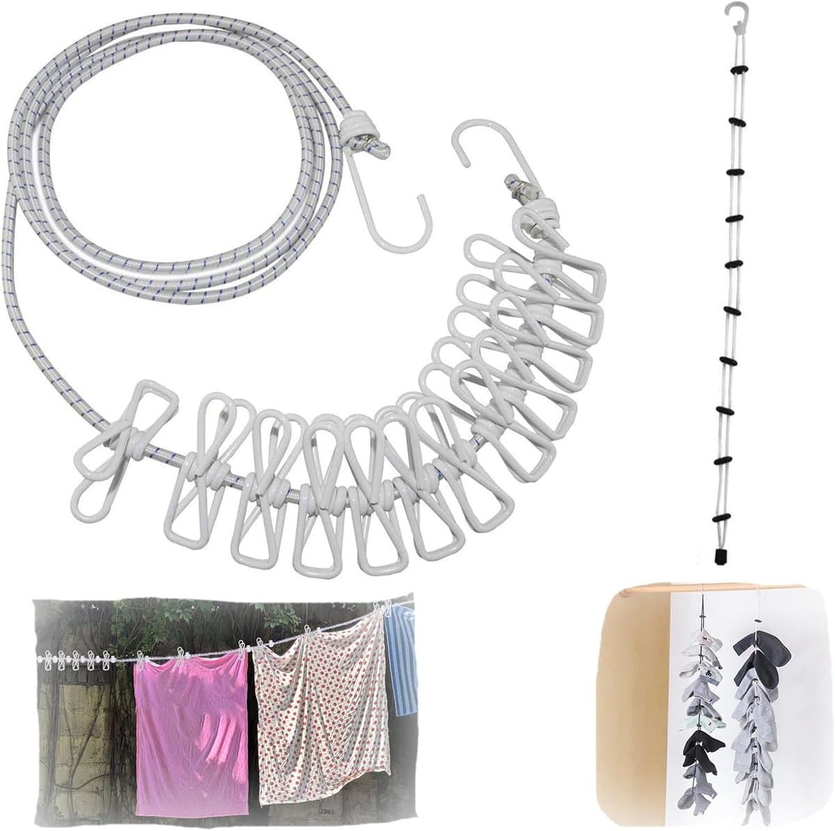 Draagbare Waslijn - Kledinglijn Clips - Reizen Kamperen - Verstelbaar Elastisch - Tot 4 Meter - Wit — afbeelding 1