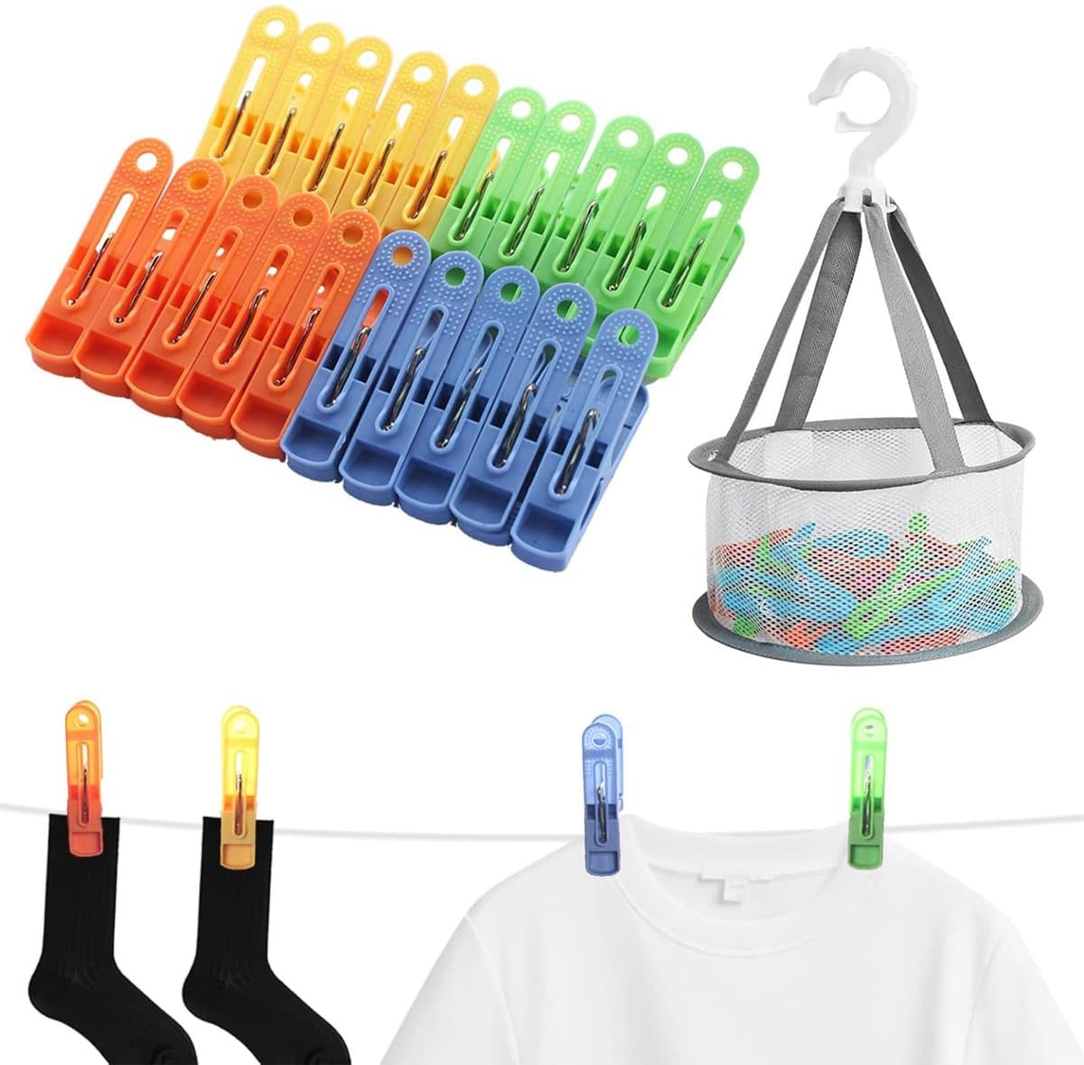 Dailygoods- Kledingklemmen 60 Stuks - Kledingklemmen met Mand - Antislip Klemmen - Waterdichte Klemmen - Roestvrij Staal - Ideaal voor Organiseren - Wasklemmen — afbeelding 1