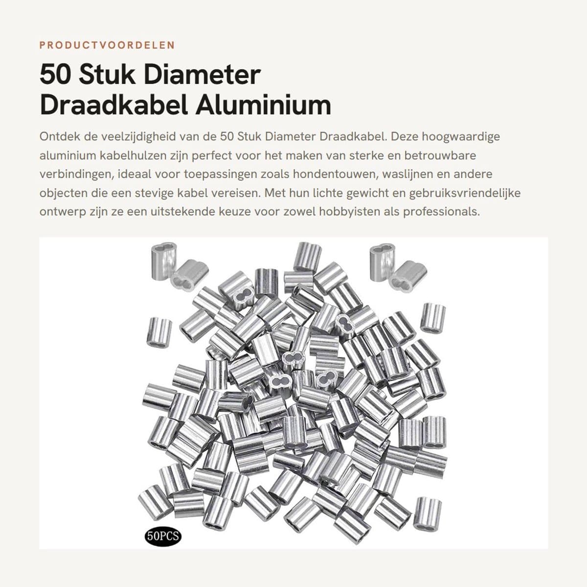 Dailygoods- Draadkabel 50 Stuks - Aluminium Kabeldraad - Zilveren Krimpring-Hulsklem - Geschikt voor Hondentouw/Waslijn - Diameter 8 mm - Laag Gewicht/Hoge Prestaties - Staaldraad — afbeelding 1
