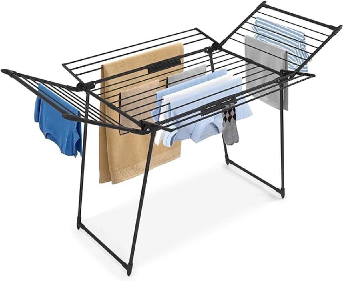 Inklapbaar droogrek met wasmand en knijpers - 25 meter drooglengte - Zwart — afbeelding 1