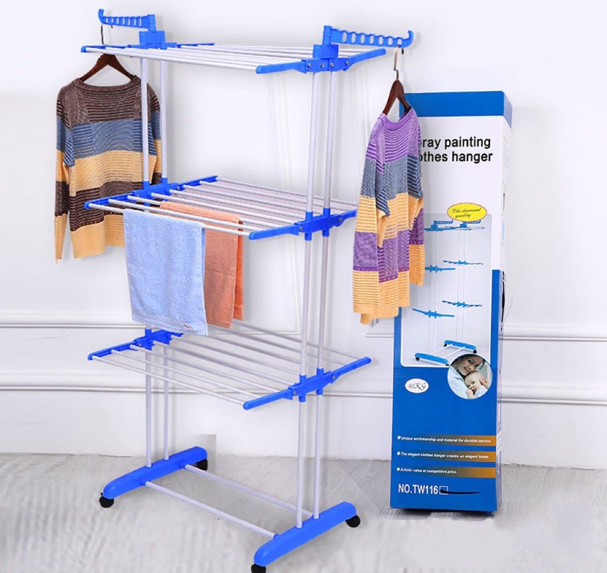 Droogrek - Wasrek - Droogrek inklapbaar - Droogtoren - Opvouwbaar - 170 CM - 3 lagen - Blauw - Incl. wielen — afbeelding 1