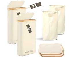 Smalle Wasmand - 60L - 2 Stuks - Wasmanden met Deksel en Waszak - Mand Vuile Was - Opbergmand - Mand - Beige — afbeelding 1