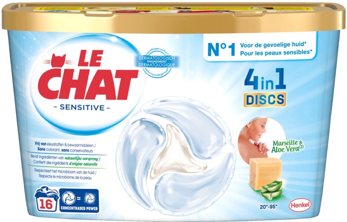 Le Chat HC Discs Sensitive 4-in-1 (4x) – Wasmiddelcapsules – Hypoallergeen & Zacht voor de Huid – 16 Stuks / 264 g – Voor Gevoelige Huid (4x) — afbeelding 1
