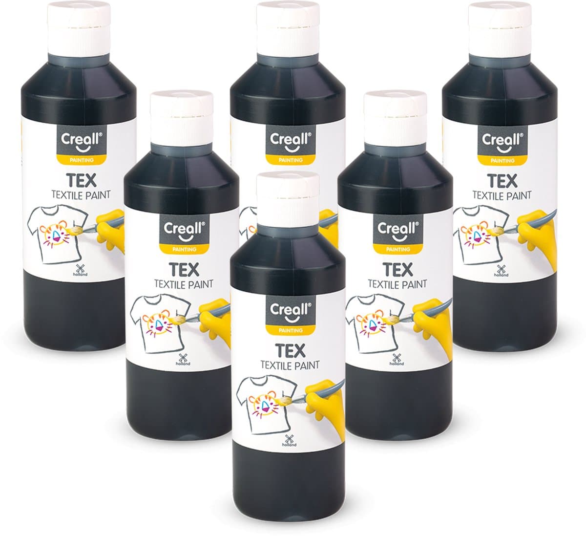 Creall Textiel- & Stoffenverf - Zwart - 6 x 250 ml - Machine wasbaar na fixatie - Voor T-shirts, jeans, schoenen, stoffen tassen, meubels en auto-interieurs/hemelbekleding — afbeelding 1