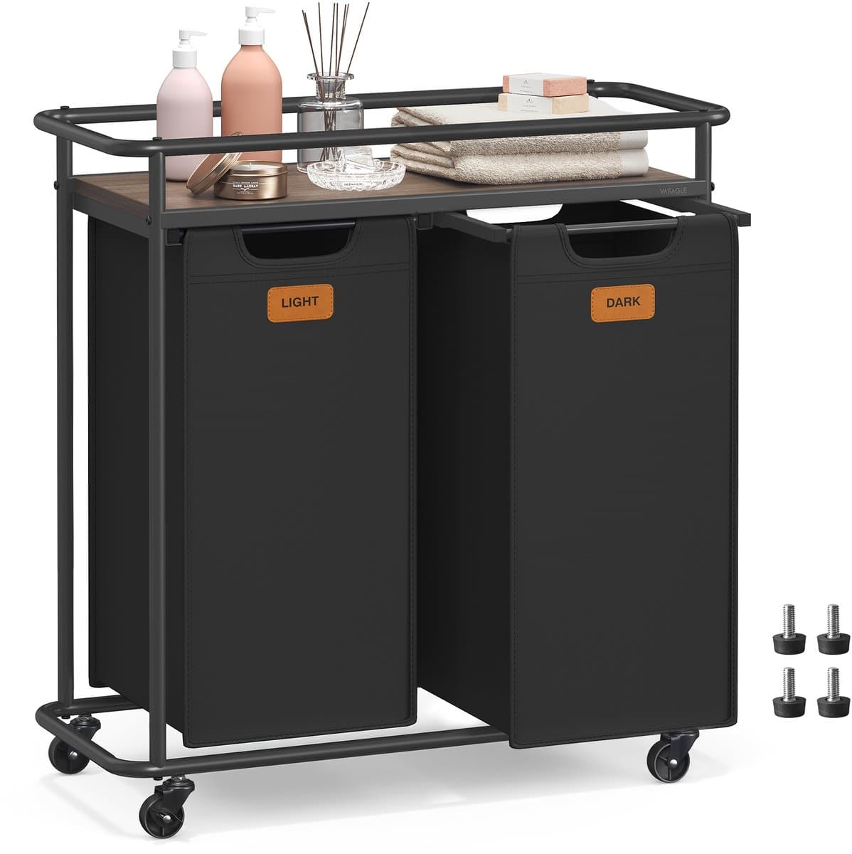 VASAGLE - Wasmand - Wasmand met Wielen - 2 Vakken - Met Afneembare Tassen en Etiketten — afbeelding 1