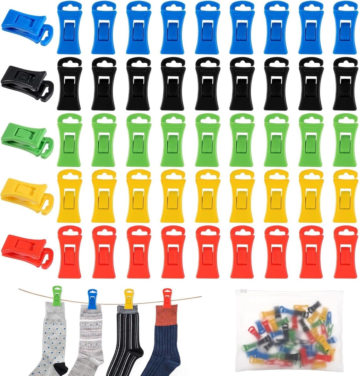Sokkenclips - 50 stuks - Droogrek tegen verlies - Sokkenclips voor wasmachine en droger - Kleurrijke sokkendroogclips - 5 kleuren - Sorteer- en opbergclips — afbeelding 1