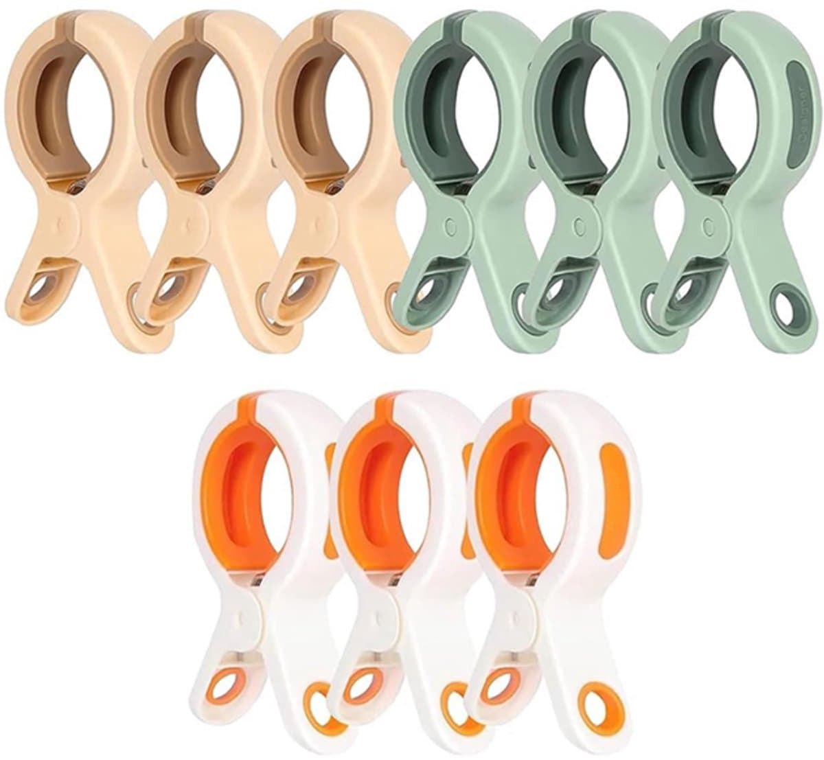 Wasknijpers - 9 Stuks - Grote Knijpers - PP - Strandlaken Knijpers - Badlaken Clips - Heavy Duty Handdoekklemmen - Handdoekklemmen Voor Strandligstoelen - Winddicht - Clips voor Strandlaken, Beddengoed En Dikke Kleding - 10.5*5.8cm - Wit/Roze/Groen — afbeelding 1