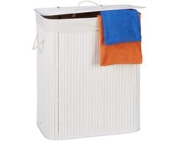 2x wasmand 2 vakken - bamboe wasbox wit - 95 liter - opvouwbaar - met deksel