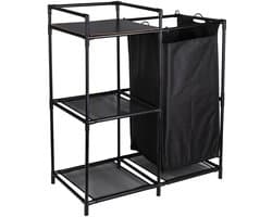 Linnen Opbergrek met Waszak 50L – Wasmand Organizer – 3 Lagen – Metalen Frame – Zwart