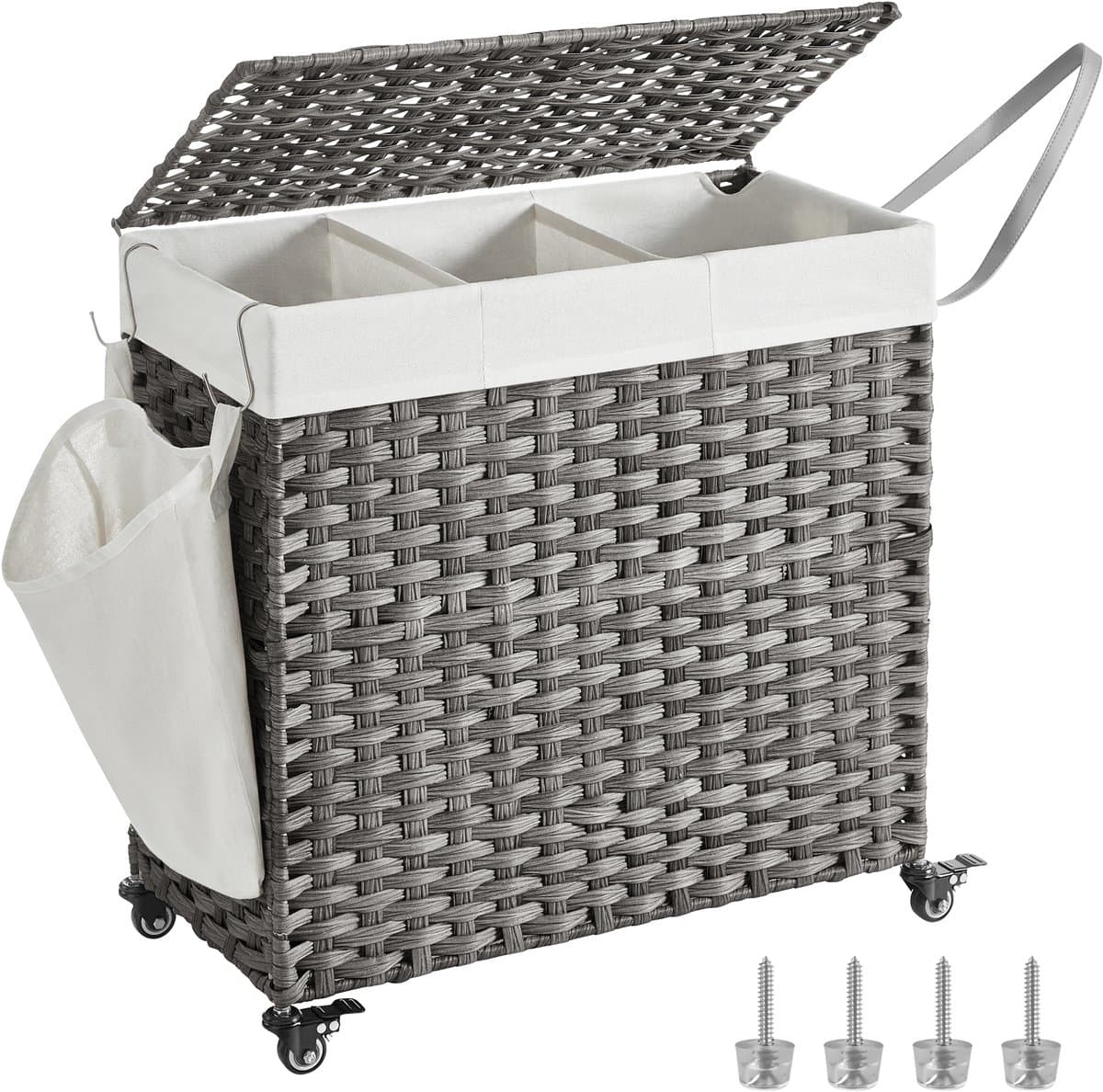 Wasmmand vuile wasmand rietstijl geweven wasmand met 3 compartimenten, uitneembare voering, handgrepen en deksel, geschikt voor woonkamer, badkamer en wasruimte, 66 x 33 x 60 cm, grijs. — afbeelding 1