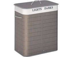HOMCOM-Wäschekorb-Bambus, Metall-52L x 32B x 63H cm-Grau+Weiß