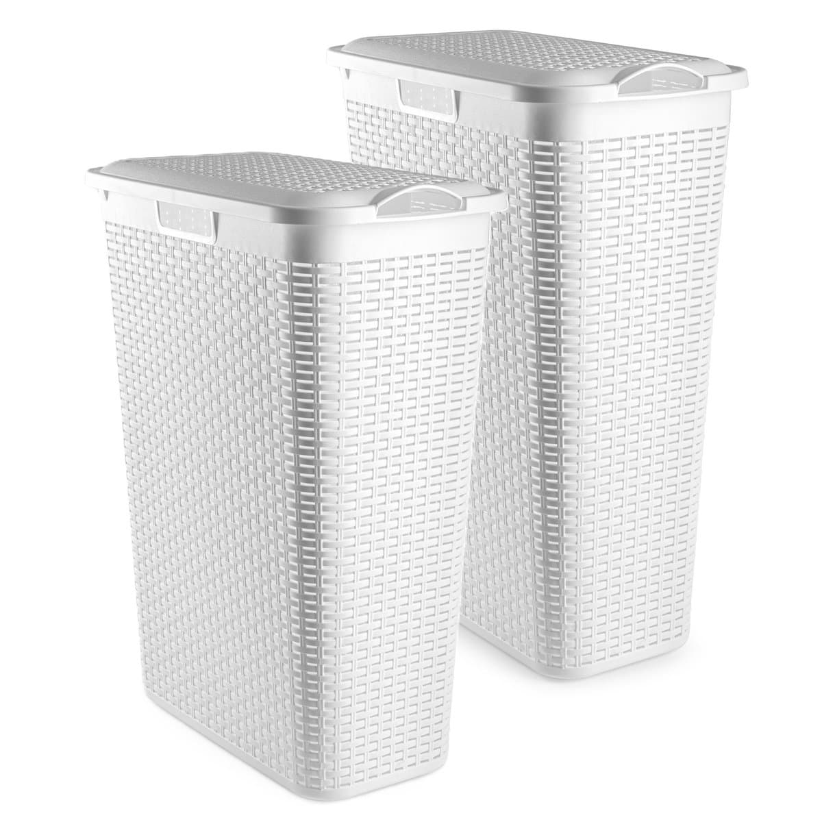Plasticforte Smalle Wasmand met deksel Rotan - 2x - wit - gevlochten kunststof - 48 liter - 27 x 46 x 60 cm — afbeelding 1