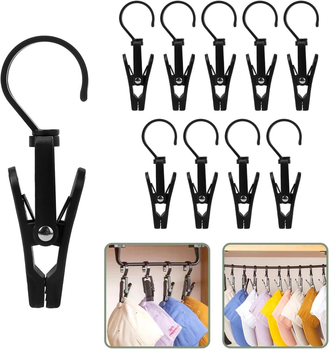 Washaken Clip - Drooghaak voor kleding - met 360 graden draaibare haak - Washaken met klemmen - kleerhangers voor sokken - Sterke plastic wasknijpers - Veelzijdig - draagbare antislip plastic hangers clips - 10stuks - zwart — afbeelding 1